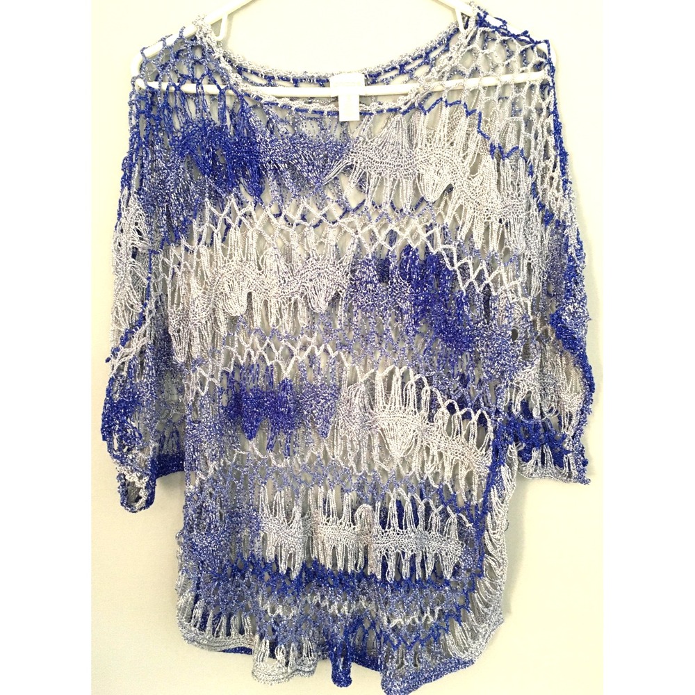 Chico's Sweater Women 3 (XL) Blue Silver Open Knit Sheer Metallic Crochet Poncho